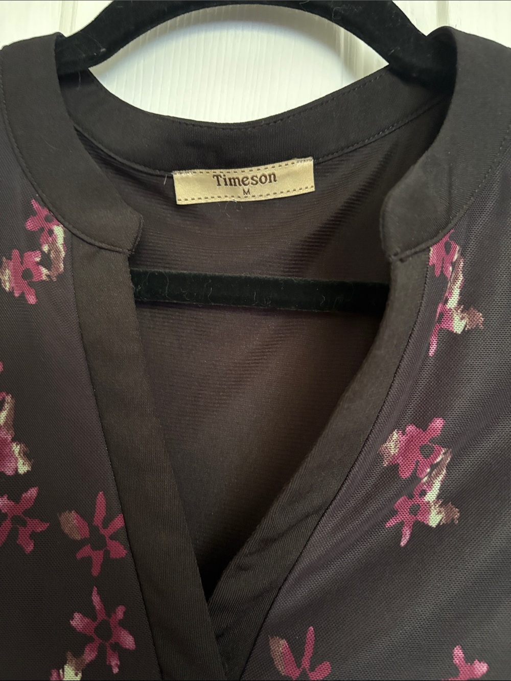 Timeson Plum Floral Mesh-Sleeve Tunic with V-Notch - Picture 2 of 4